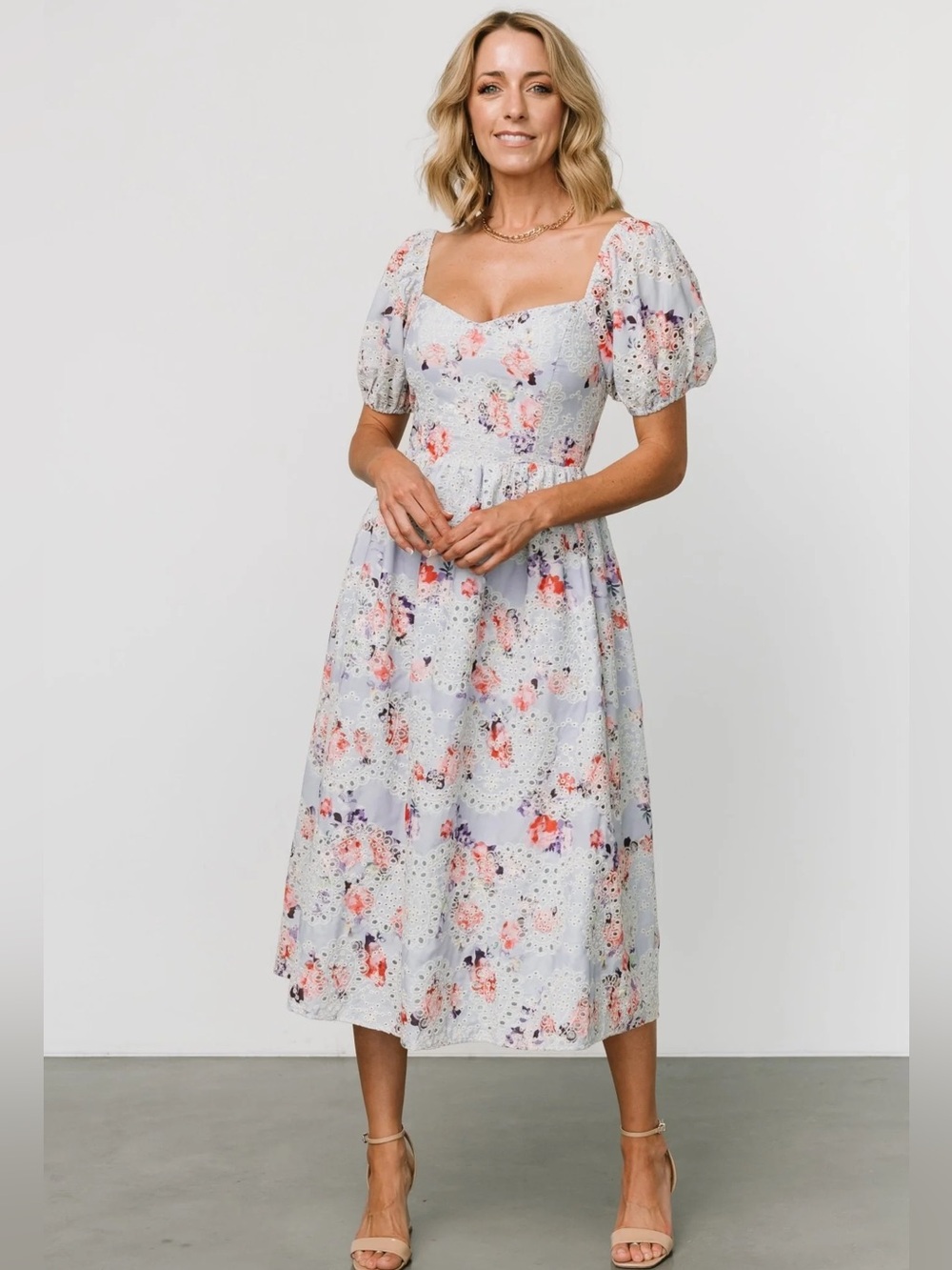 Baltic Born Light Blue Eyelet Midi Dress with Pink & Purple Floral Print